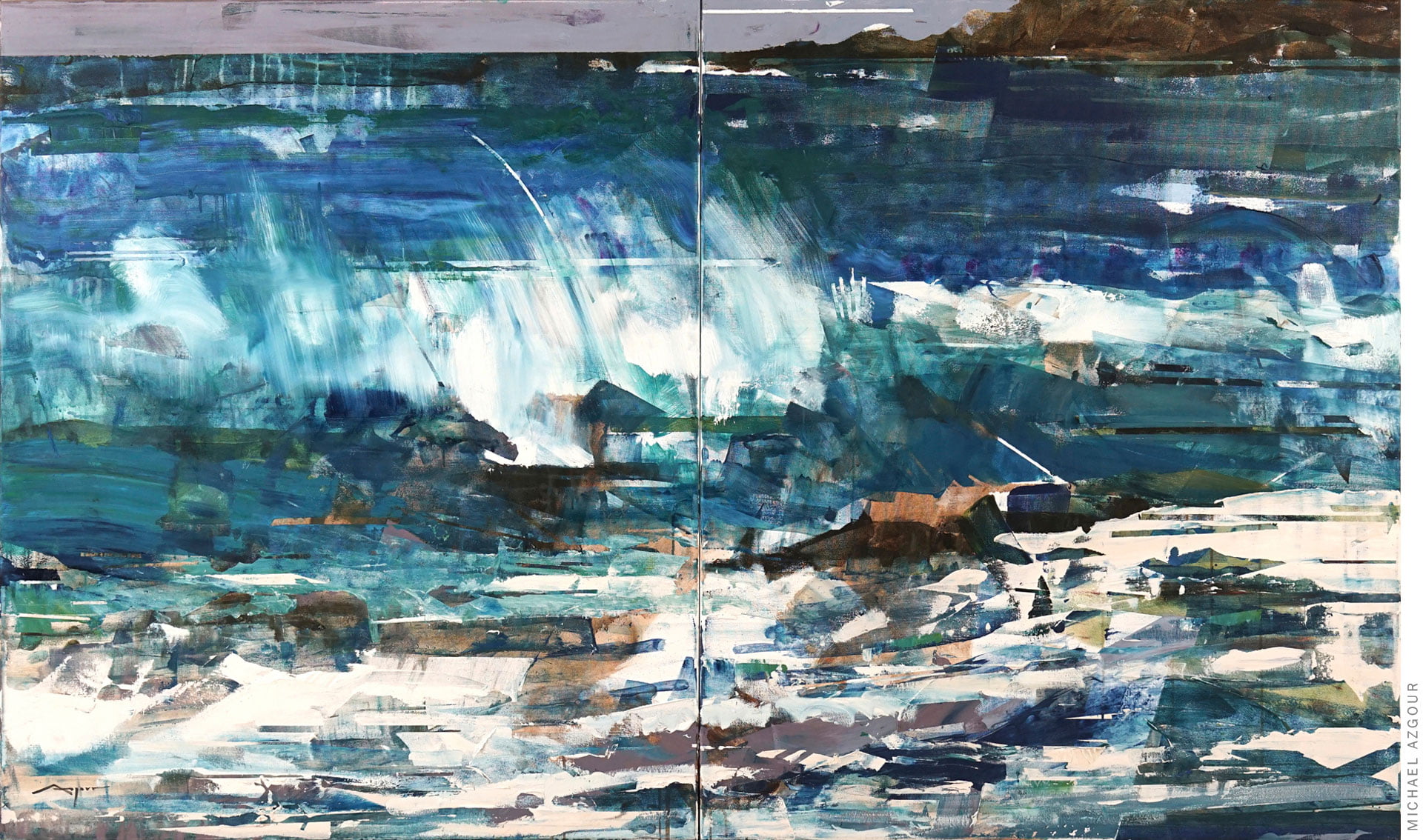 Wave, 2020, oil and acrylic on linen, Large-scale abstract representation of a wave breaking on the shore; Visually arresting painting by contemporary artist, Michael Azgour