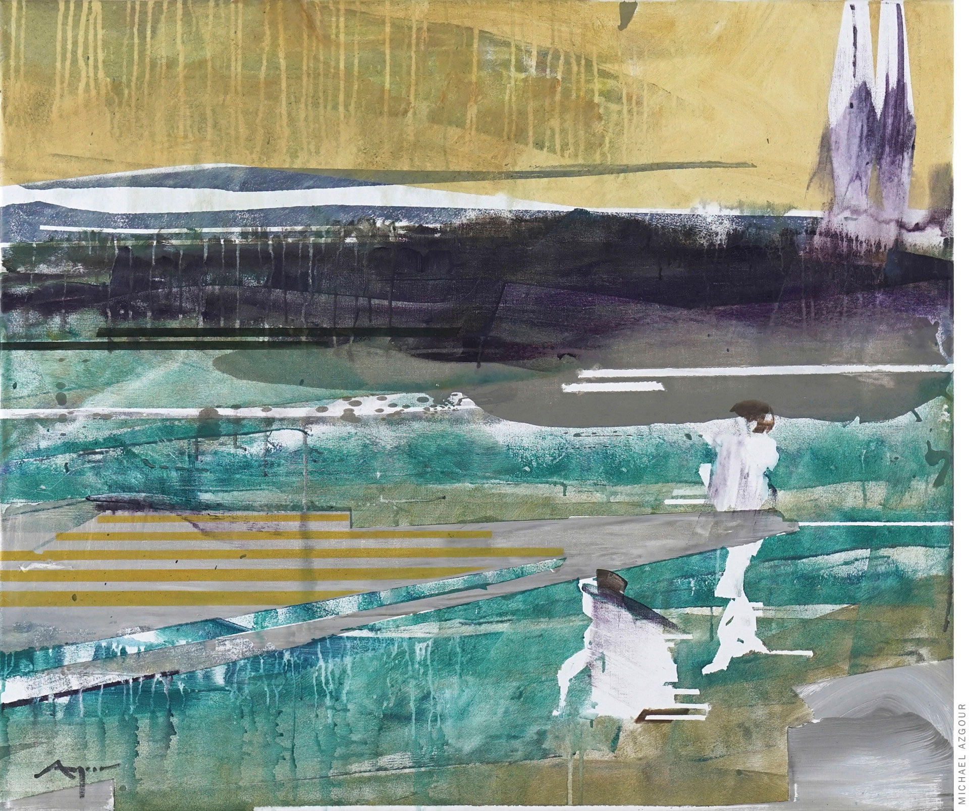 Abstract figurative painting by contemporary artist, Michael Azgour, titled Boys at the Lake, 2020, oil and acrylic on linen, depicting two boys on the lake shore painted abstractly