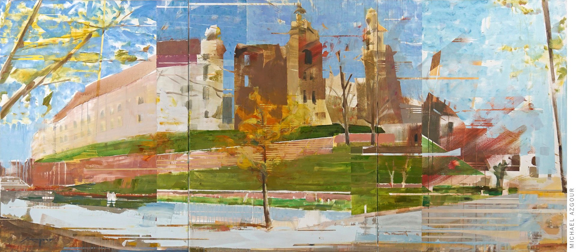 Castle in the Fall, 2020, a large scale architectural abstract painting by Michael Azgour, a contemporary artist from California
