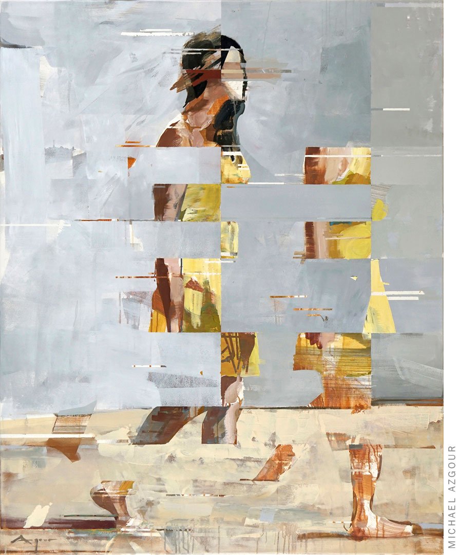 Geometric abstract figurative painting by American artist, Michael Azgour, titled, Constructing the Girl in the Yellow Dress, 2020, oil and acrylic on canvas