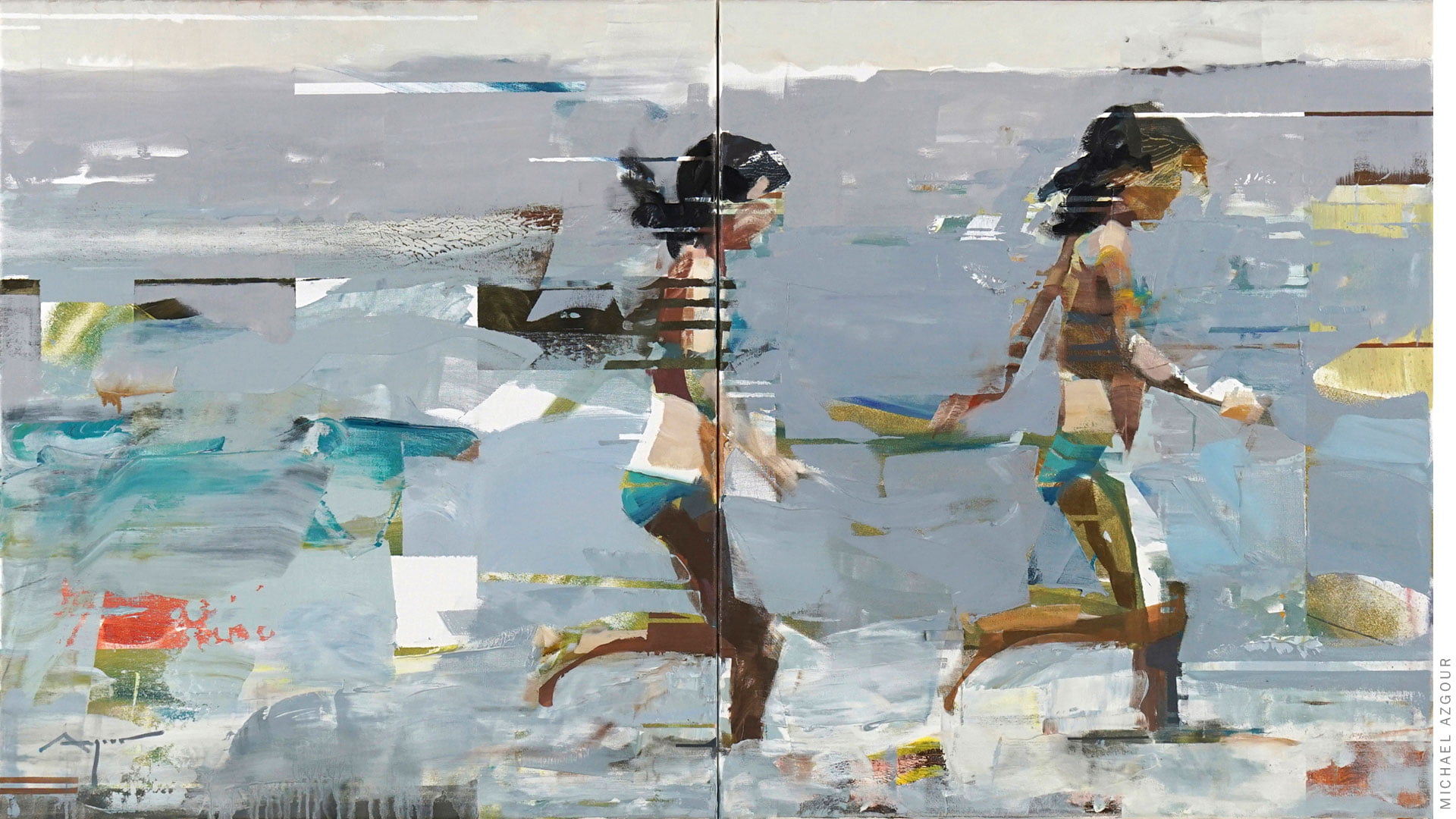 A girl running on the shore portrayed in two separate instances split seconds apart in this expressive painting by Michael Azgour, titled, On the Shore 1