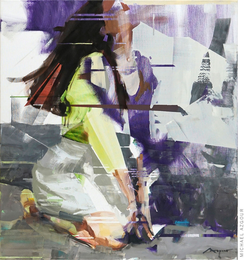 Expressive abstract painting of a woman kneeling. Wonderful colors and geometric abstract shapes; by Michael Azgour