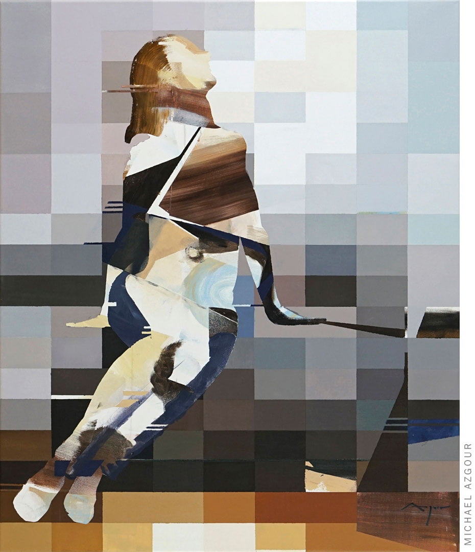 Snapshot: Bea Seated, 2020, acrylic on linen, Painted pixels and expressive abstract brush strokes combine to portray a woman ambiguously; by California artist, Michael Azgour