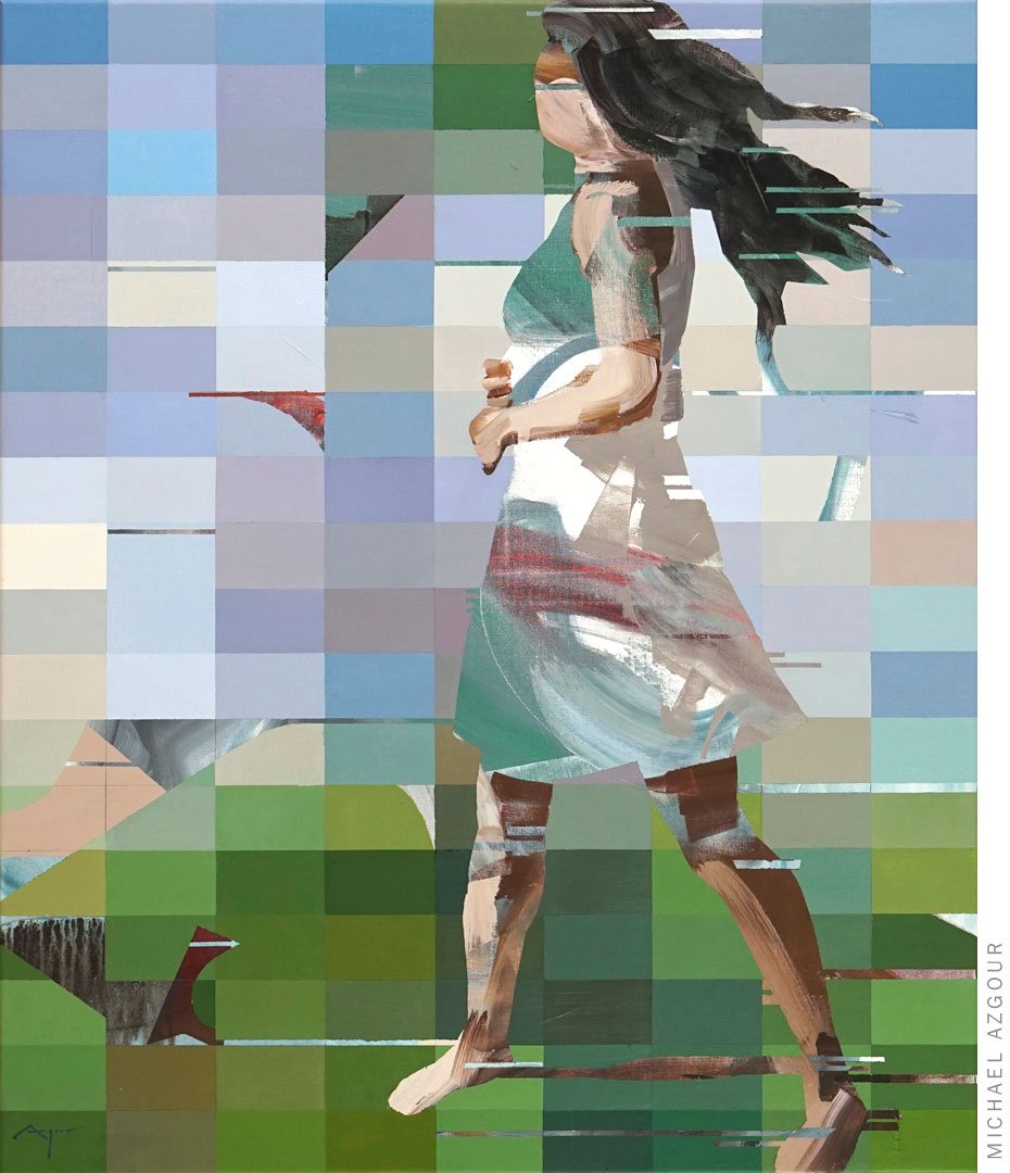 Painted pixels and expressive abstract brush strokes combine to portray a woman ambiguously; by California artist, Michael Azgour, Snapshot: Jennifer Dancing, 2020, acrylic on linen