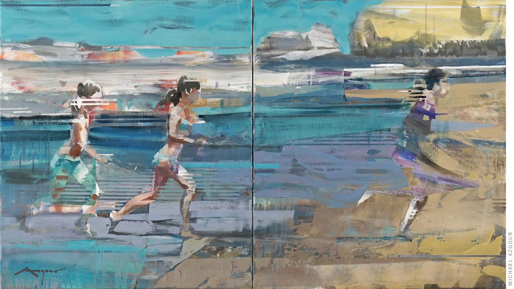 Painting titled On the Shore II, by contemporary abstract figurative artist, Michael Azgour, of a girl running on the beach