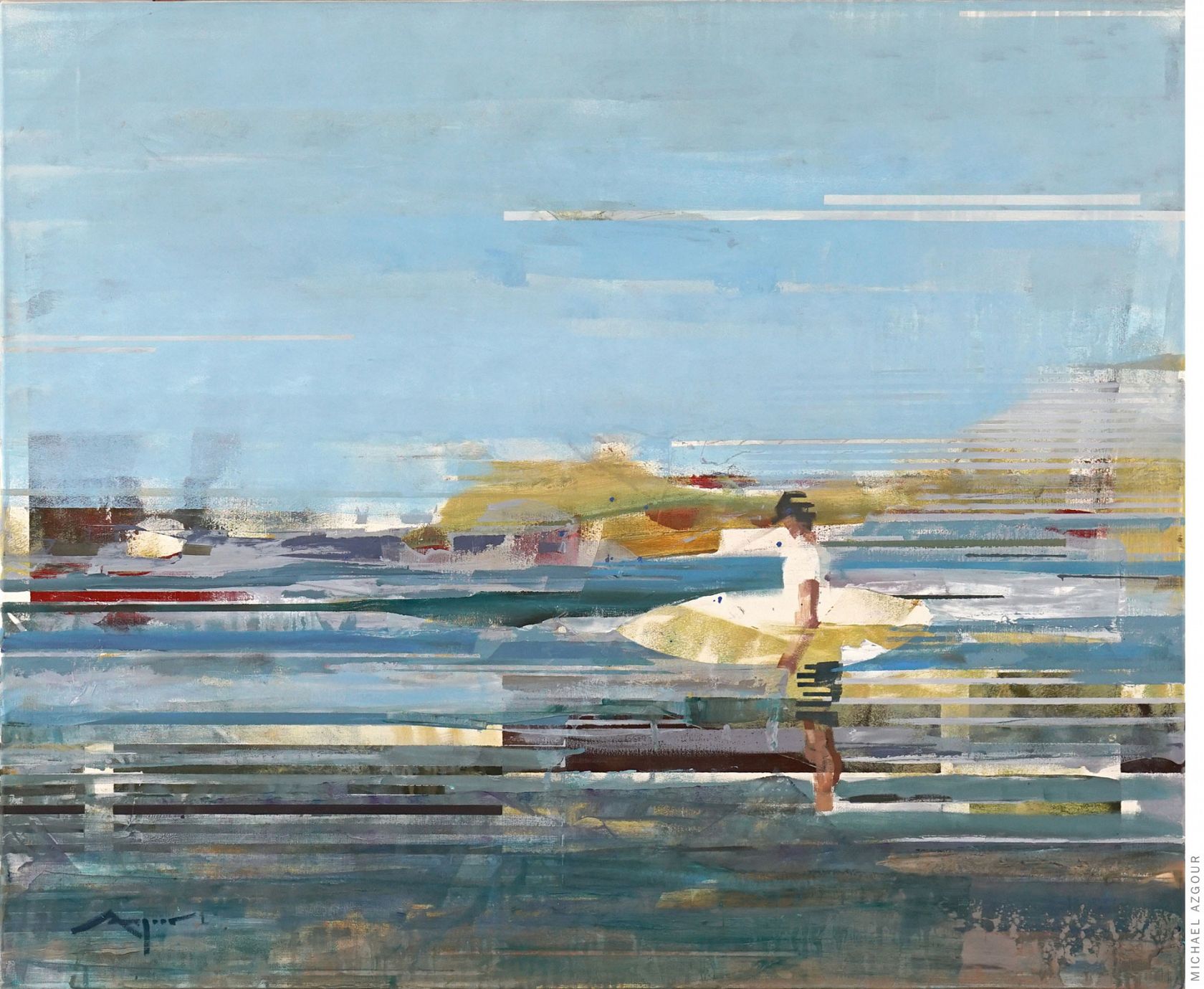 Abstract figurative painting by contemporary artist, Azgour, titled Surfer on the Shore, depicting a surfer standing on the shore looking out at the surf