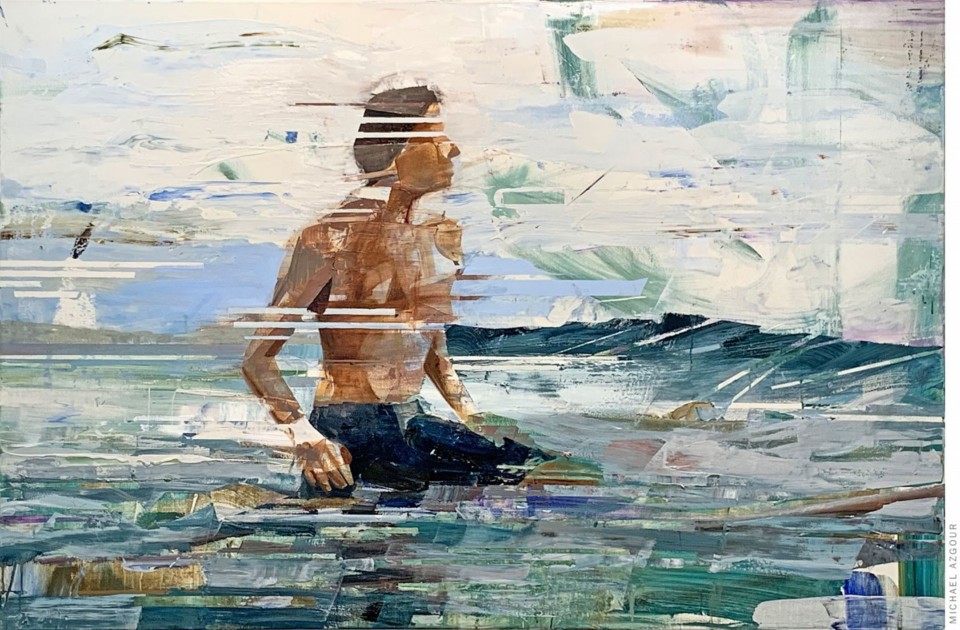 Painting of a surfer waiting for a wave, titled Waiting, by California based artist, Michael Azgour