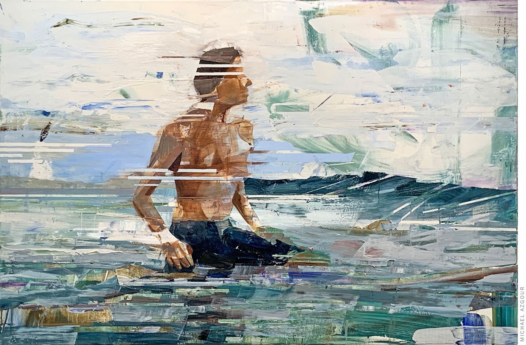 Painting of a surfer waiting for a wave, titled Waiting, by California based artist, Michael Azgour