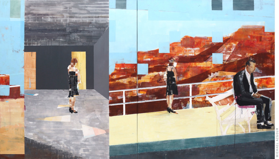 A contemporary mixed-media painting titled New Left (Park Life) by Michael Azgour, featuring a fragmented, abstract depiction of a solitary figure in an urban environment with geometric shapes and textured surfaces.