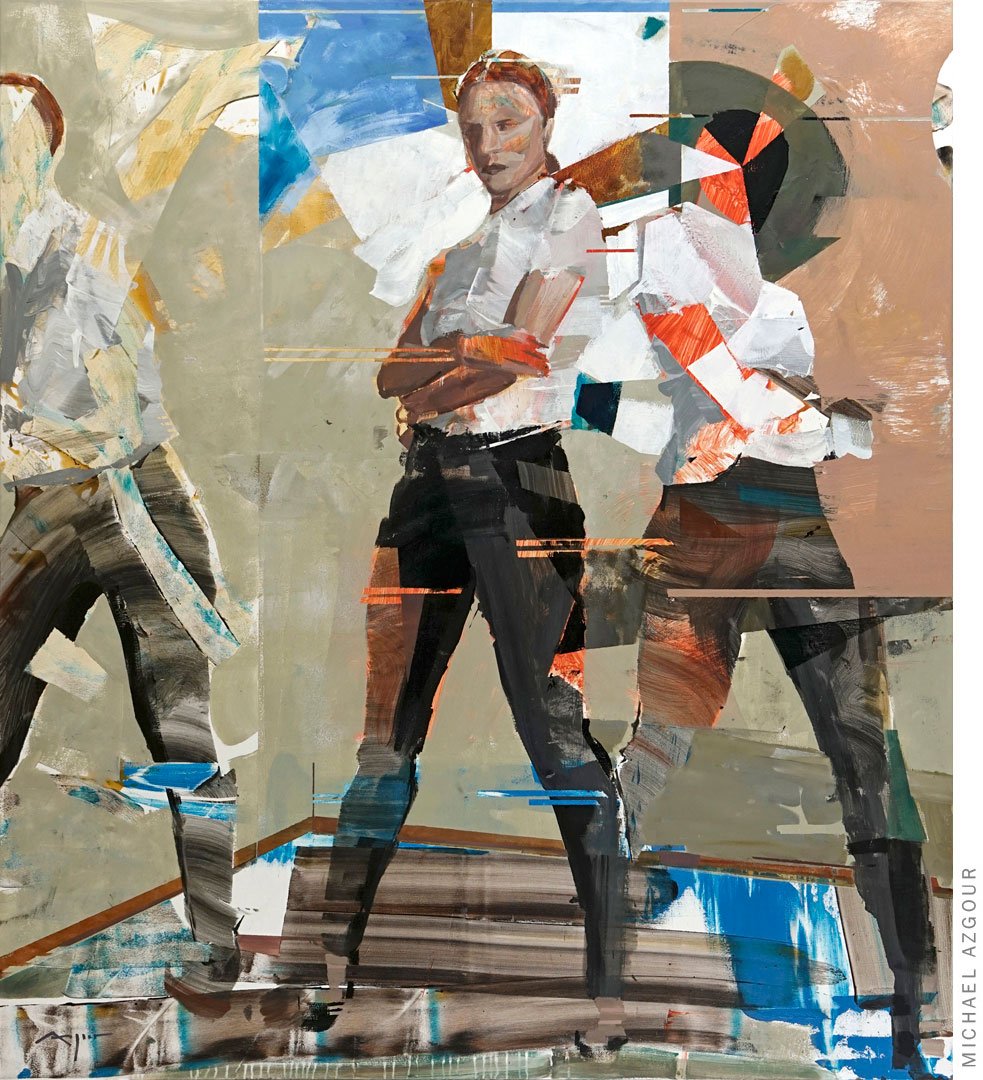 Original painting depicting female figures posing with strength, titled Algorithm, abstract and expressive female figures