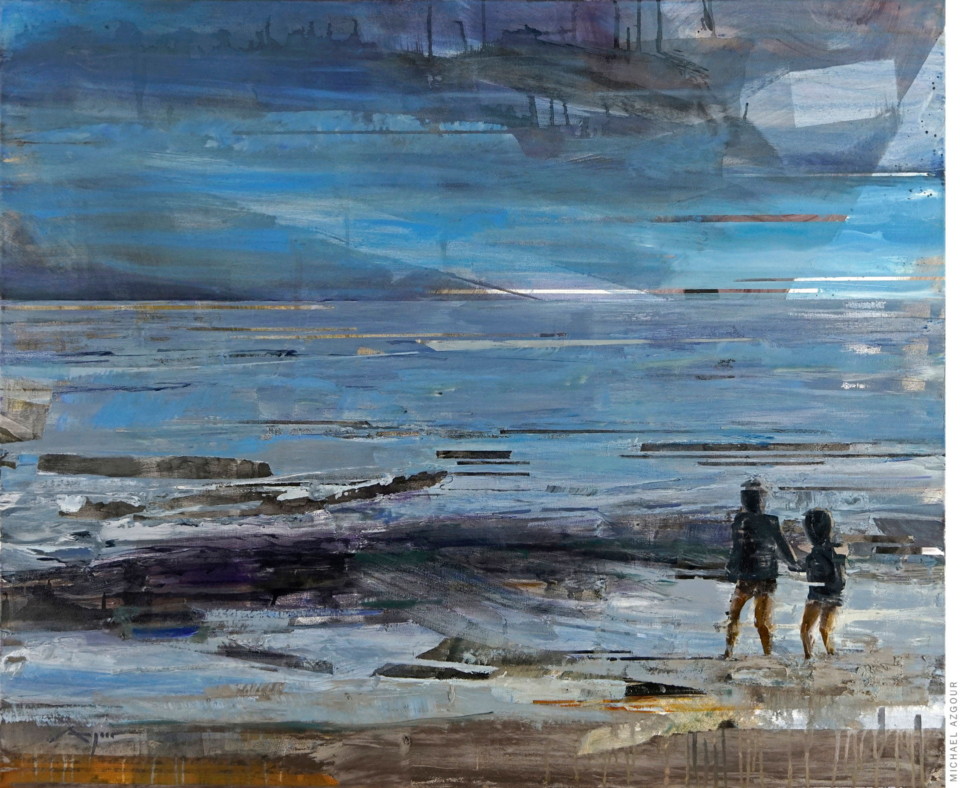 Painting depicting seascape and two boys standing at the seaside. Artwork titled Boys on the Shore