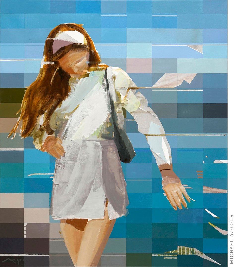 Painting titled #Influencer #lakecomo depicting a female figure posing.