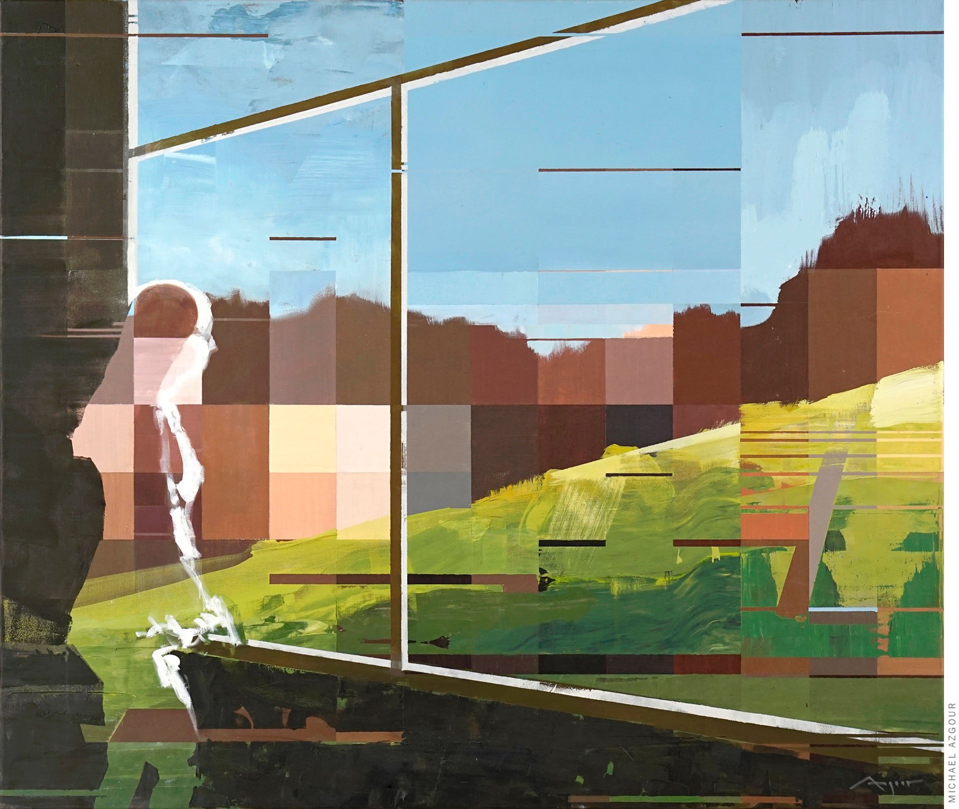 Painting titled Kreuzberg depicting a woman looking out of a window toward a digital reality