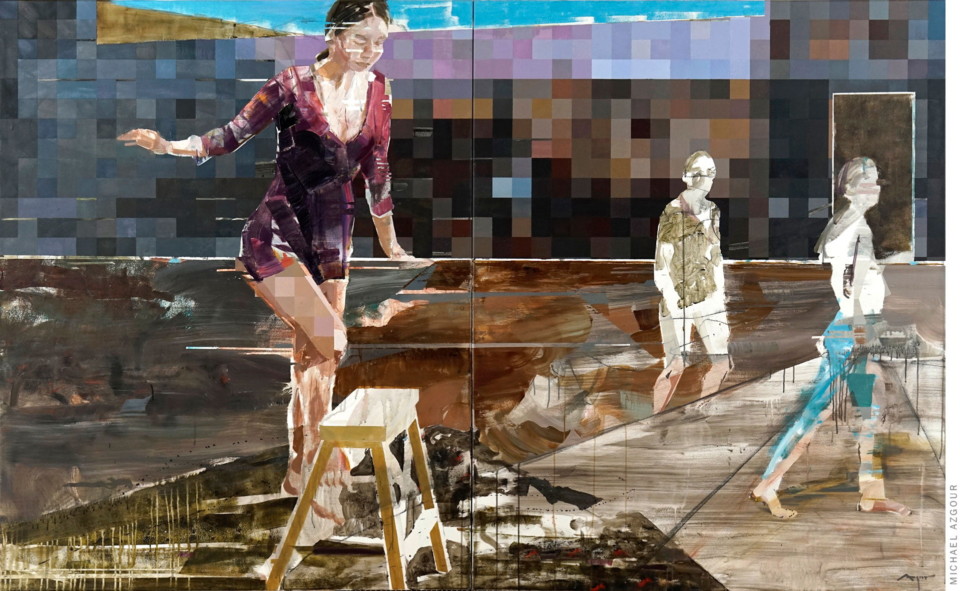 conceptual painting depicts female figures walking and posing in an industrial urban location. Geometric forms and expressive strokes evoke the idea of visual perception in this contemporary world. Original artwork titled Migration.