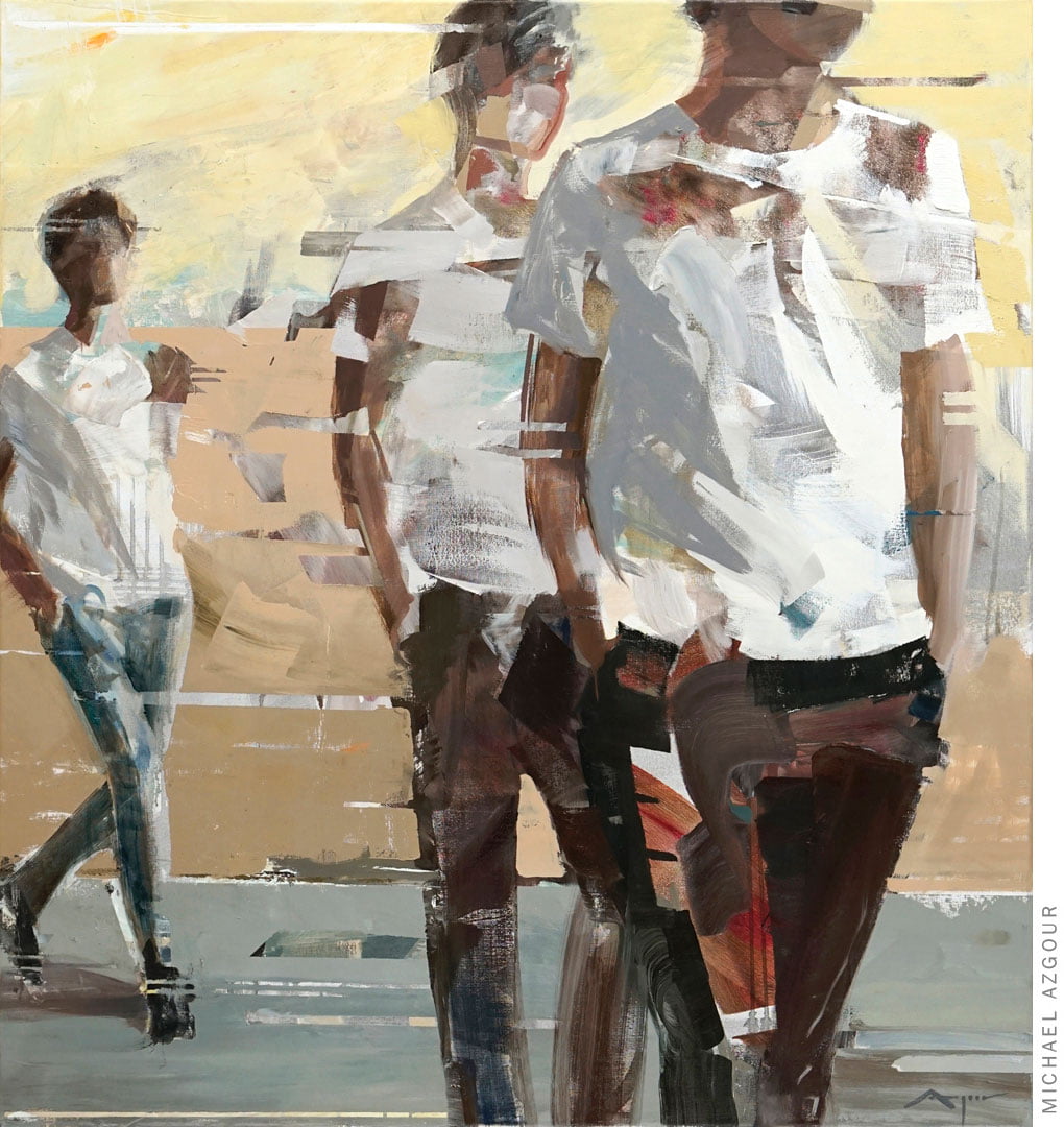 Original painting depicts multiple figures walking towards the viewer, the artwork addresses the concept of movement and time, titled Transition 1.