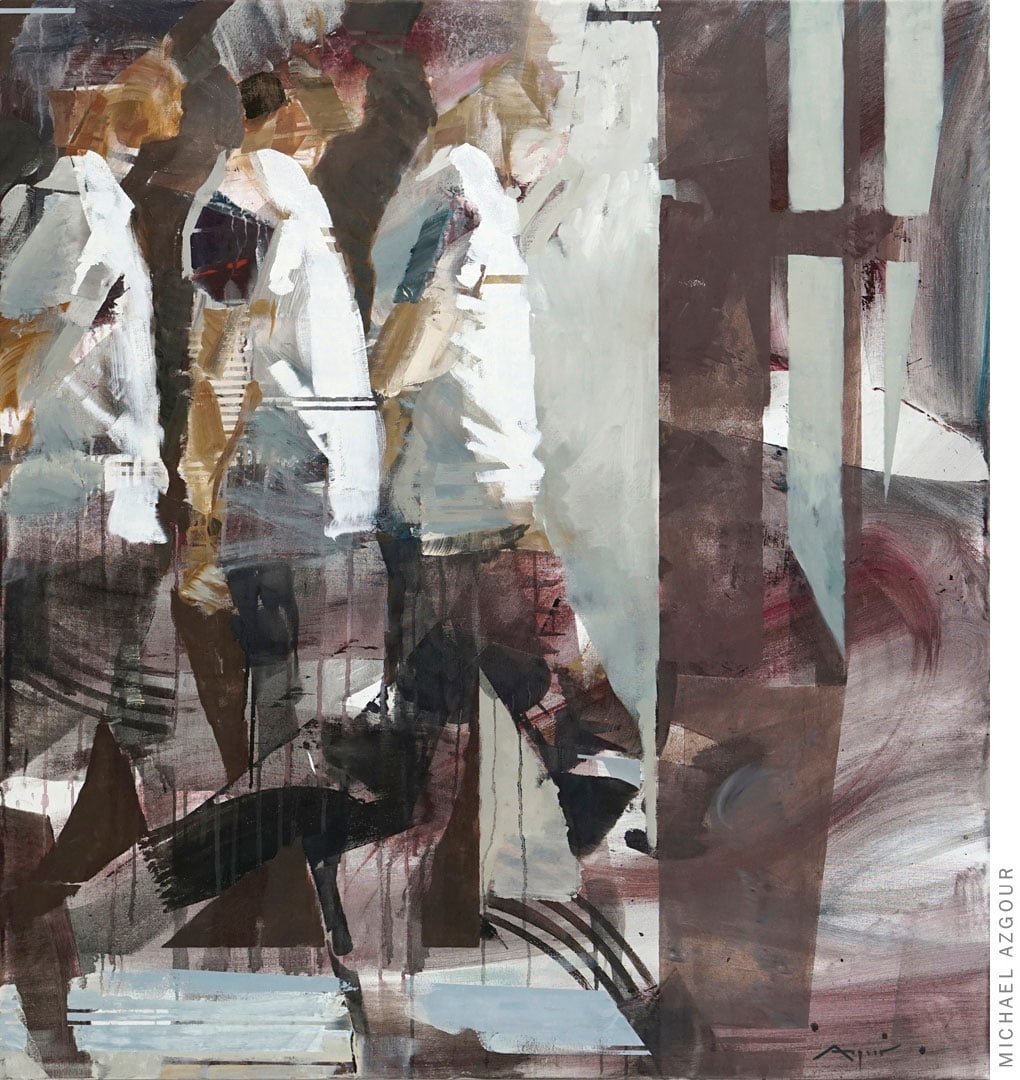 Painting depicts the same figure multiple times in a walking position, the artwork addresses the concept of movement and time in a given space., titled Transition 2