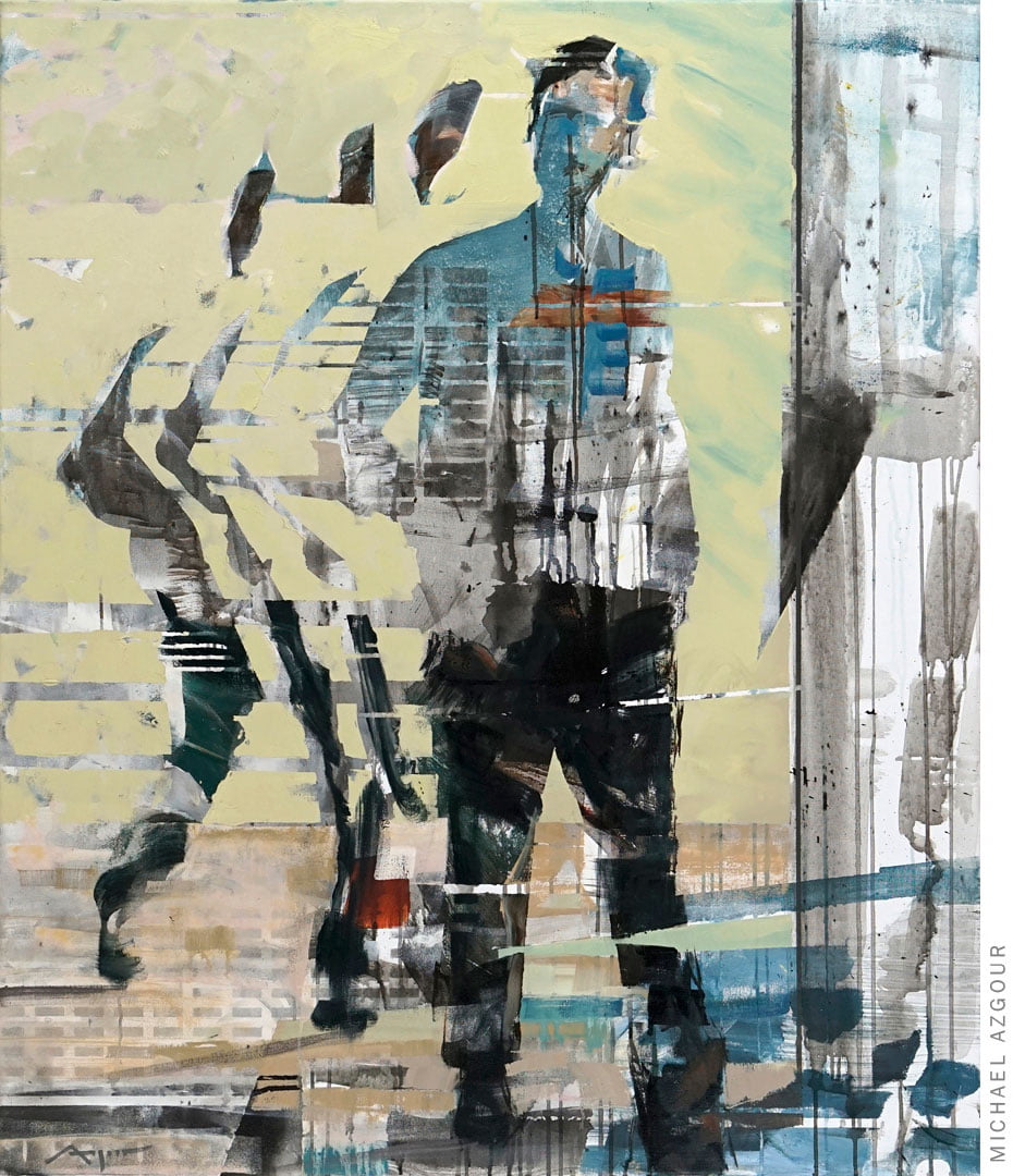 Painting depicting a male figure in a walking position, the artwork addresses the concept of movement and time in a given space., titled Transition 3.