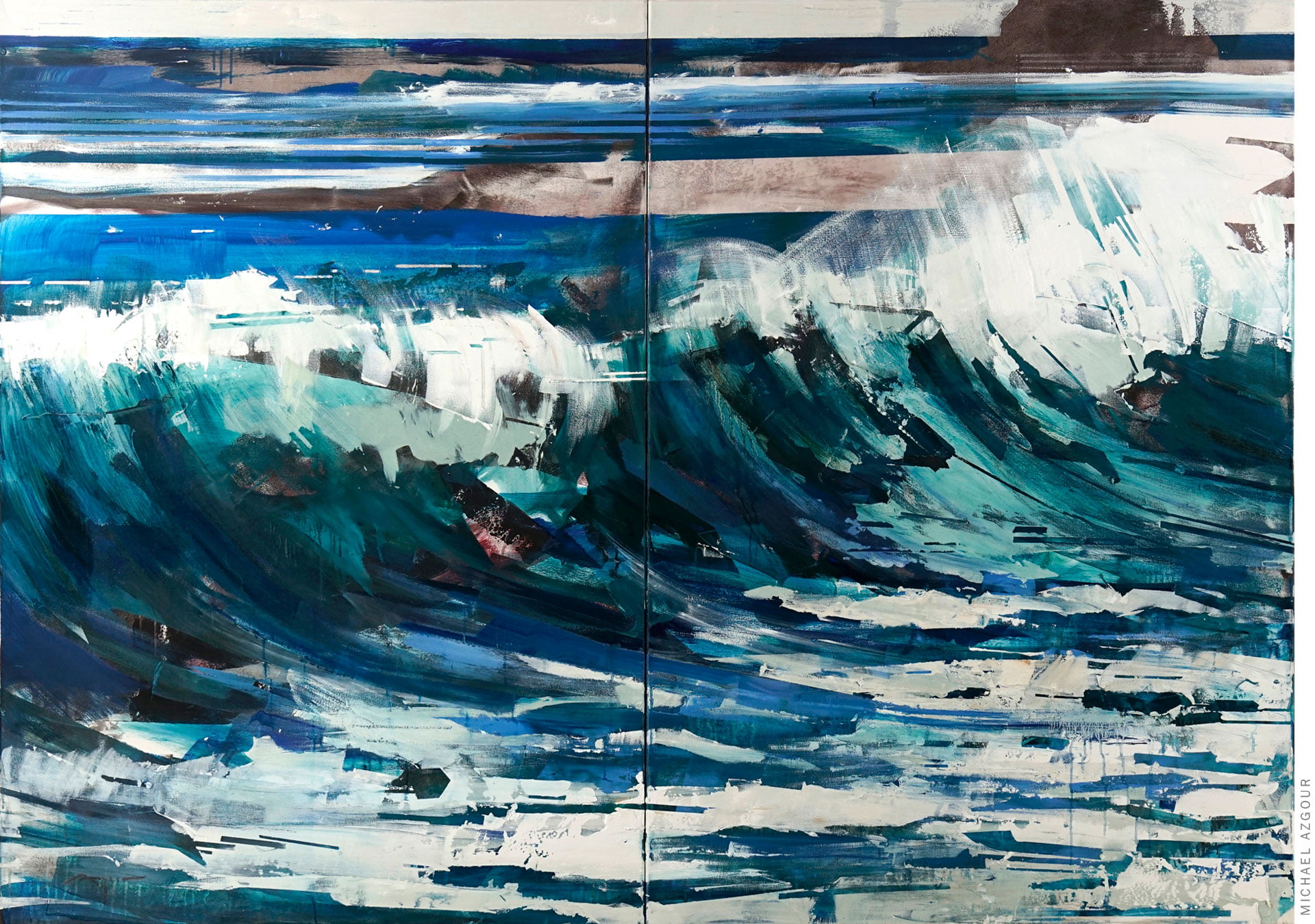 Expressive painting depicting a crashing wave on the ocean shore, titled Wave 2; by California artist Michael Azgour