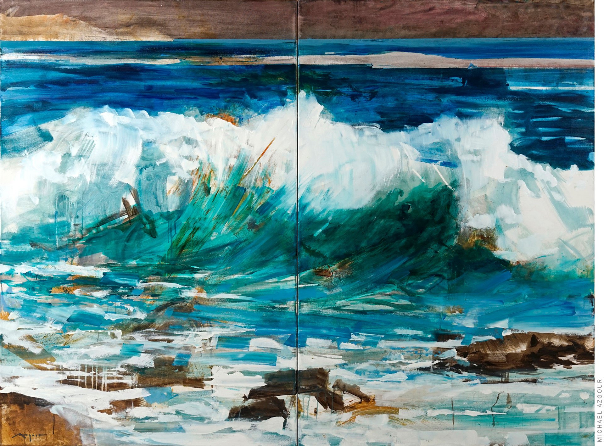 Painting by artist Michael Azgour, depicting a rough wave crashing on the ocean shore, a contrasting element to the calm horizon, titled Wave 3