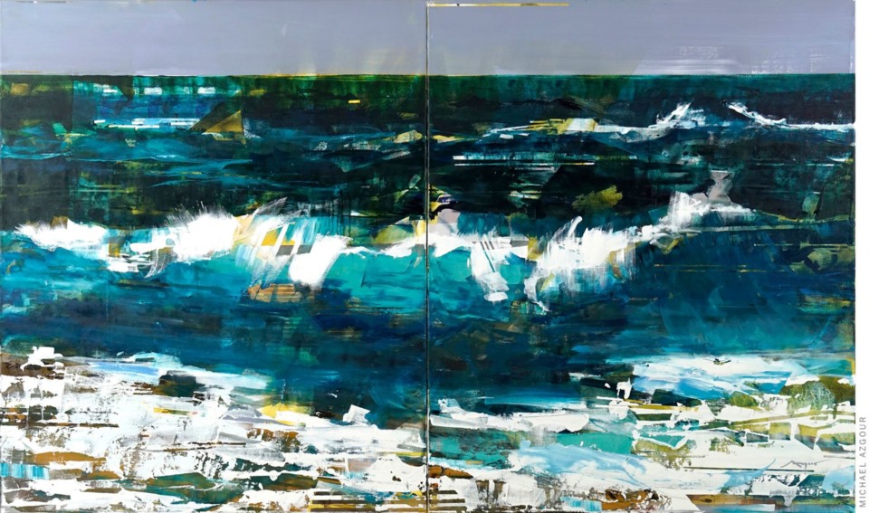 Ocean artwork depicting a wave crashing on the shore, a contemporary work by California artist Michael Azgour