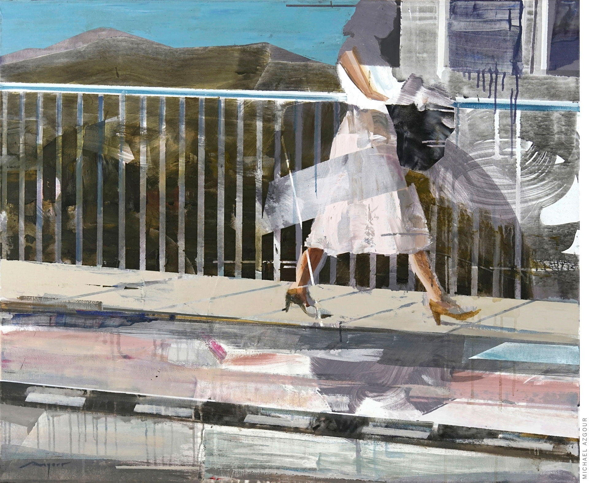 Painting titled Woman in a Pink Dress depicting a woman walking on a sidewalk next to a road.