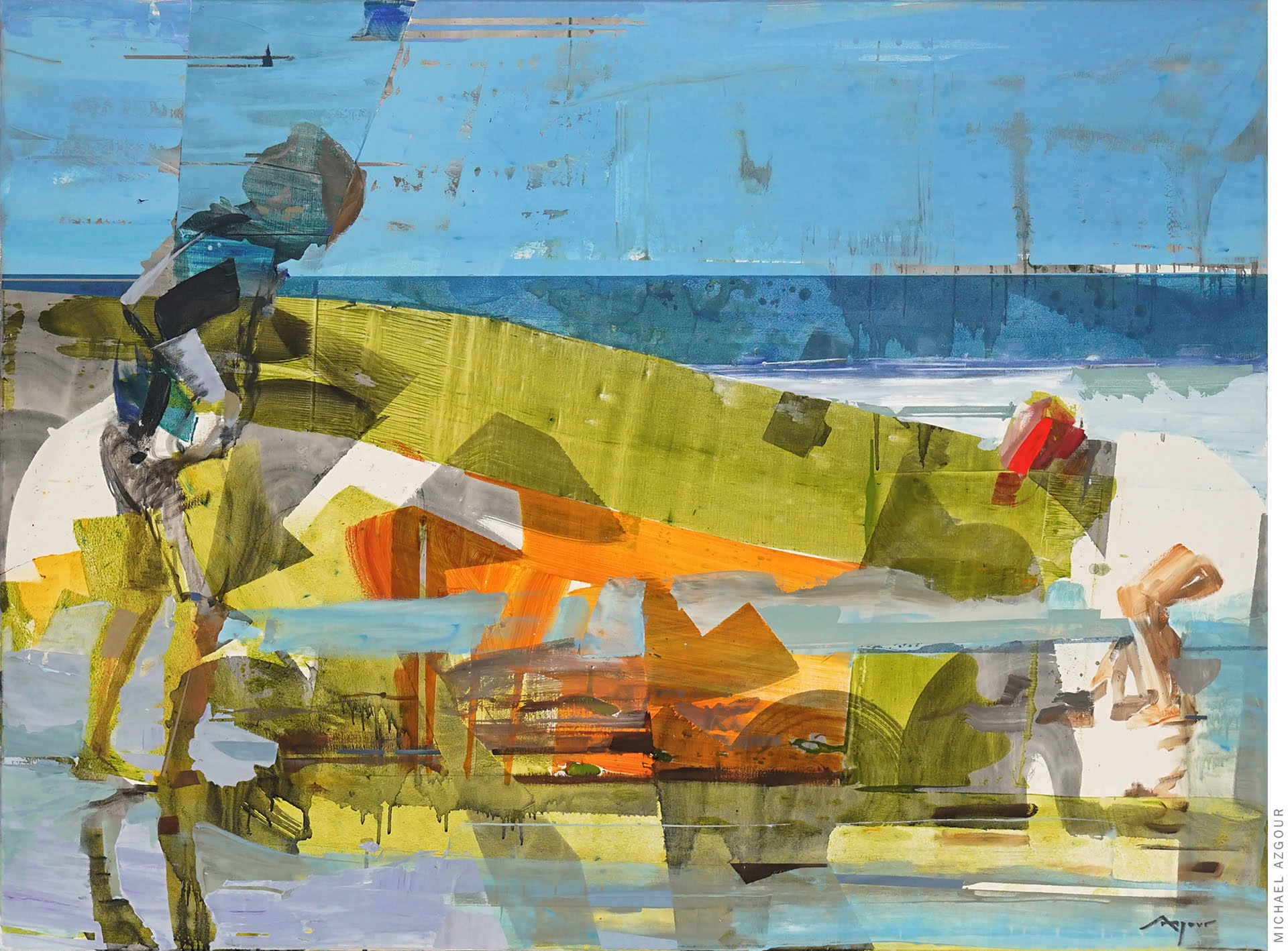 Abstract expressive figurative painting titled Boys at the Beach by Californian artist Michael Azgour