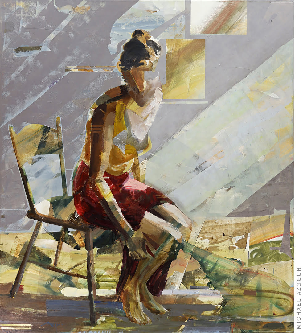 woman rising from a chair