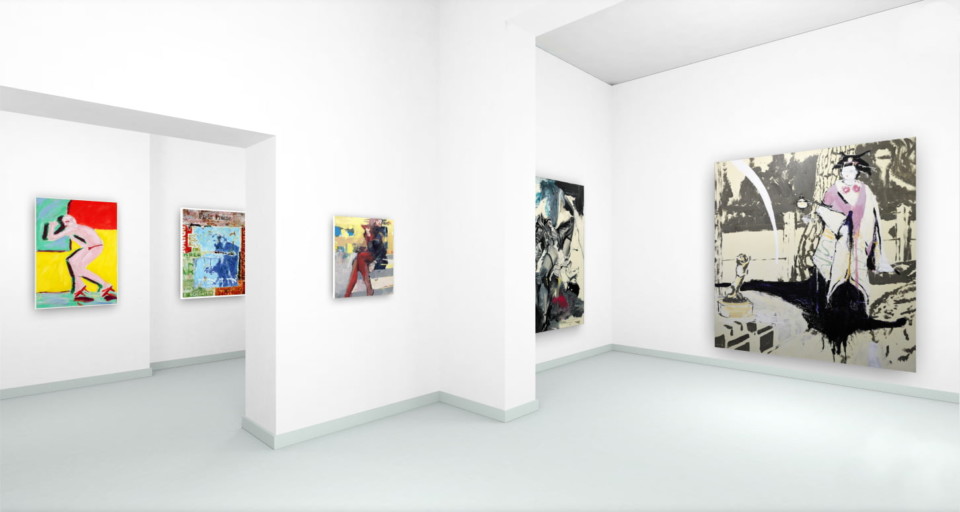 Contemporary art exhibition featuring colorful and abstract figurative paintings displayed in a white-walled gallery space.