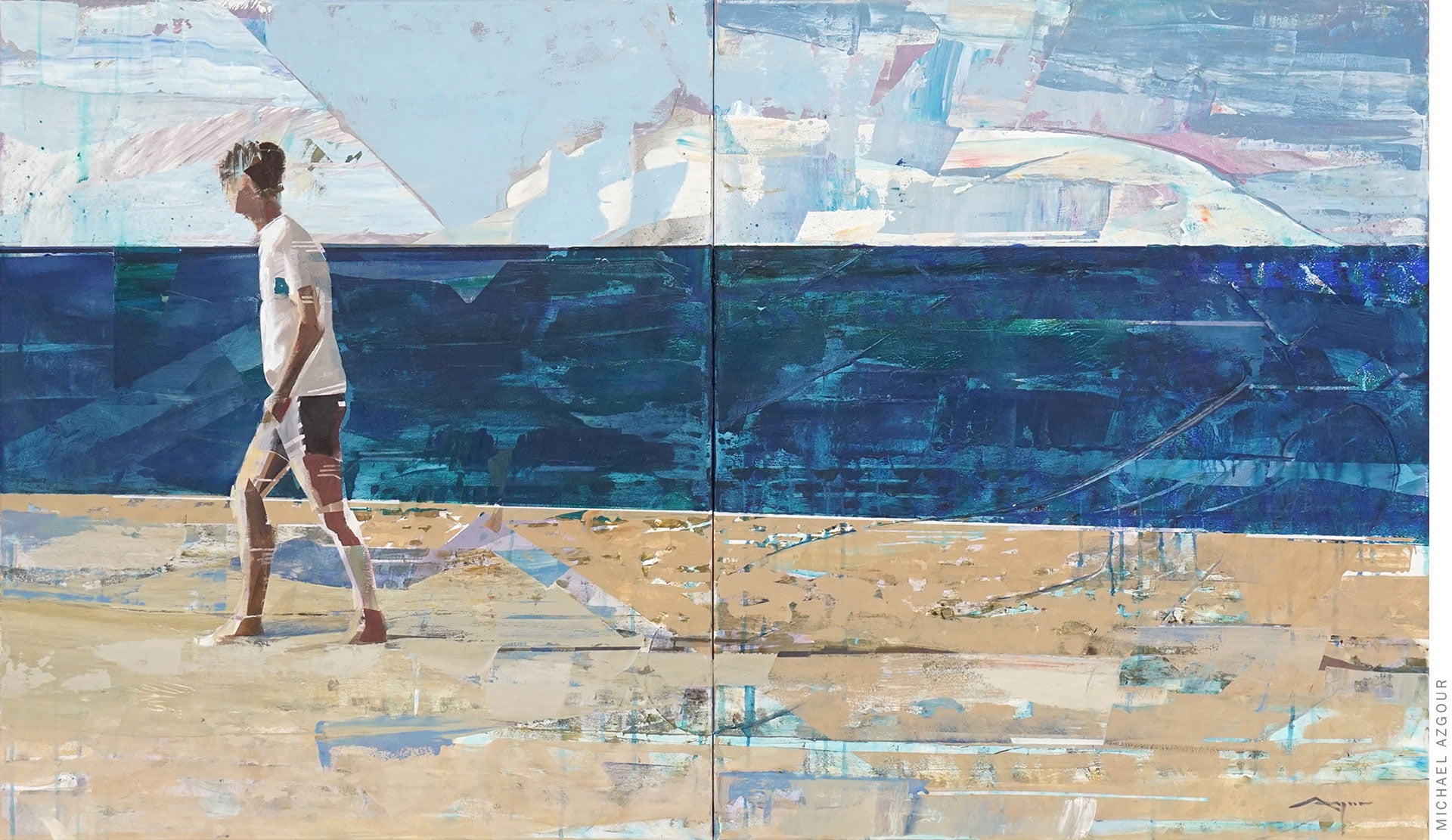 Original figurative painting by contemporary artist, Azgour, depicting a male figure walking on the shore