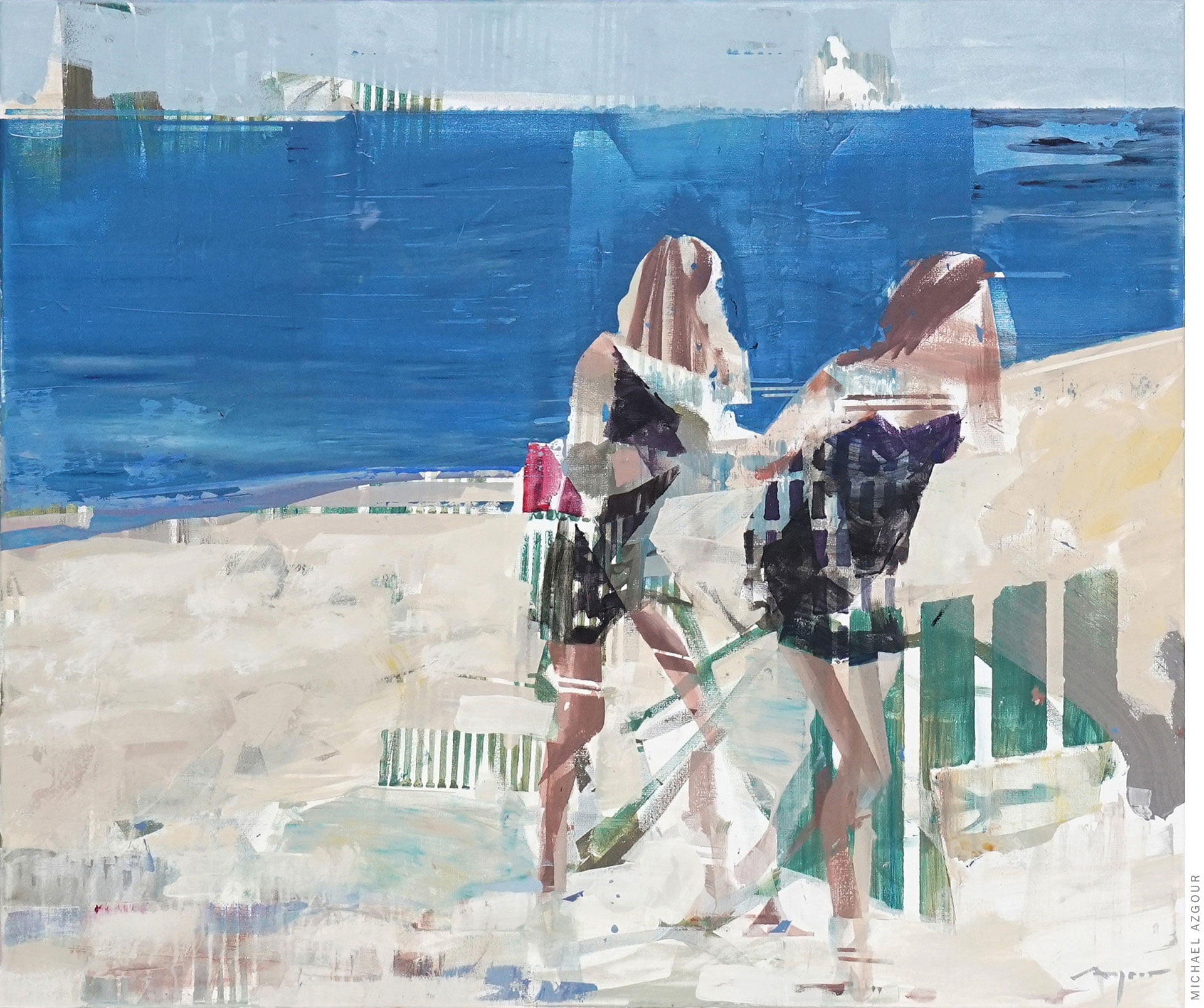 Original painting titled Newport depicting women walking on the shore. Contemporary artwork by artist Michael Azgour.