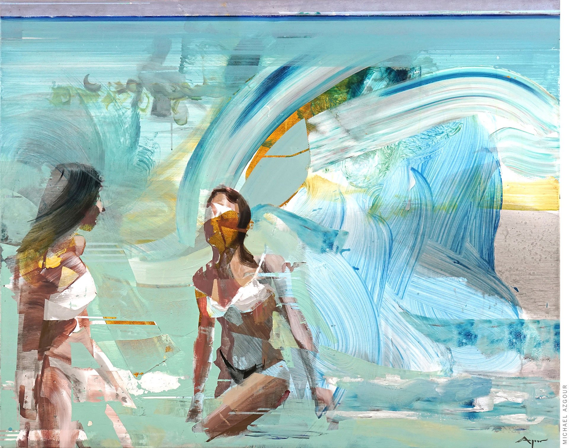 Original painting titled Bathers depicting women in a bikini in the ocean. Contemporary artwork by artist Michael Azgour.