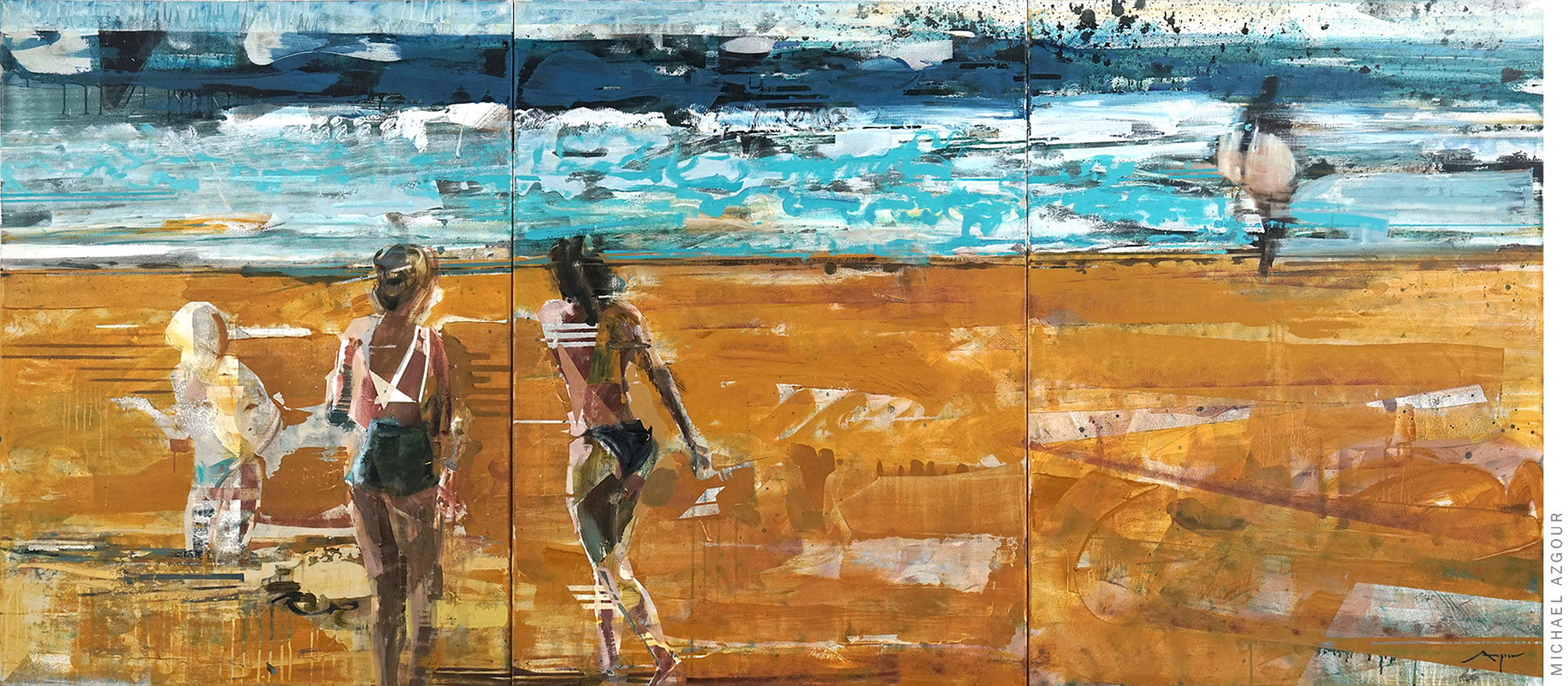 Original painting titled Beach Day depicting women in bikini, beach goers and surfers on the shore. Contemporary artwork by artist Michael Azgour.