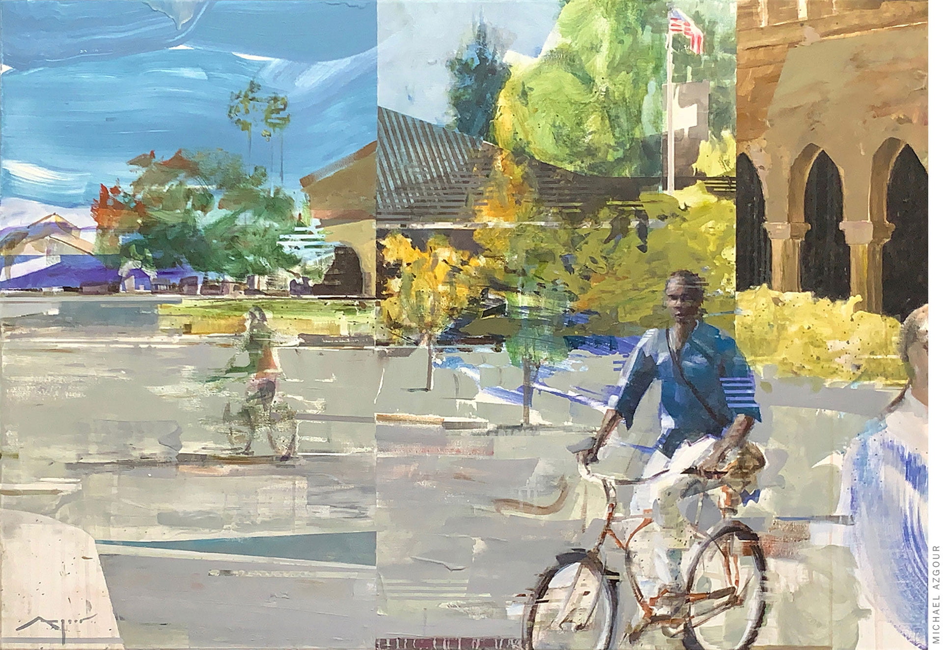 Expressive and abstraction in contemporary art, this painting depicts a city street with people cycling, painting titled Calibration by Californian artist Michael Azgour