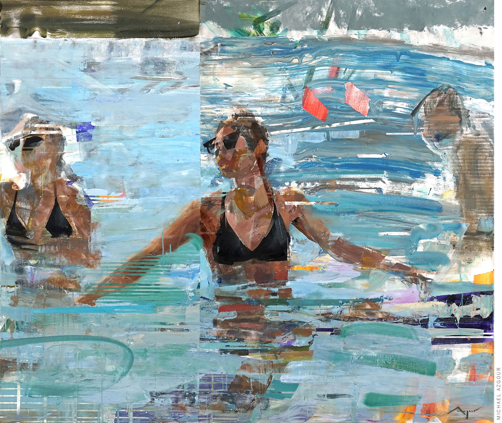 Original painting titled Kryspi depicting swimmers and women in a bikini in the ocean. Contemporary artwork by artist Michael Azgour.