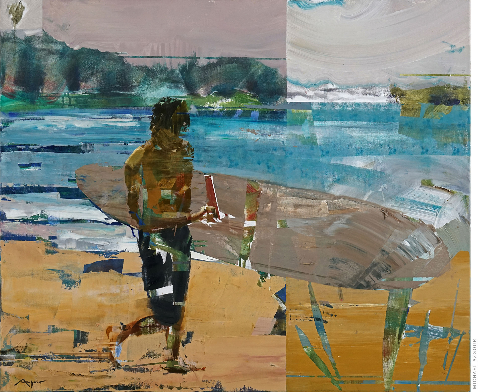 Painting of a surfer carrying a surfboard, walking on a beach titled 2022-Longboarder by artist, Michael Azgour