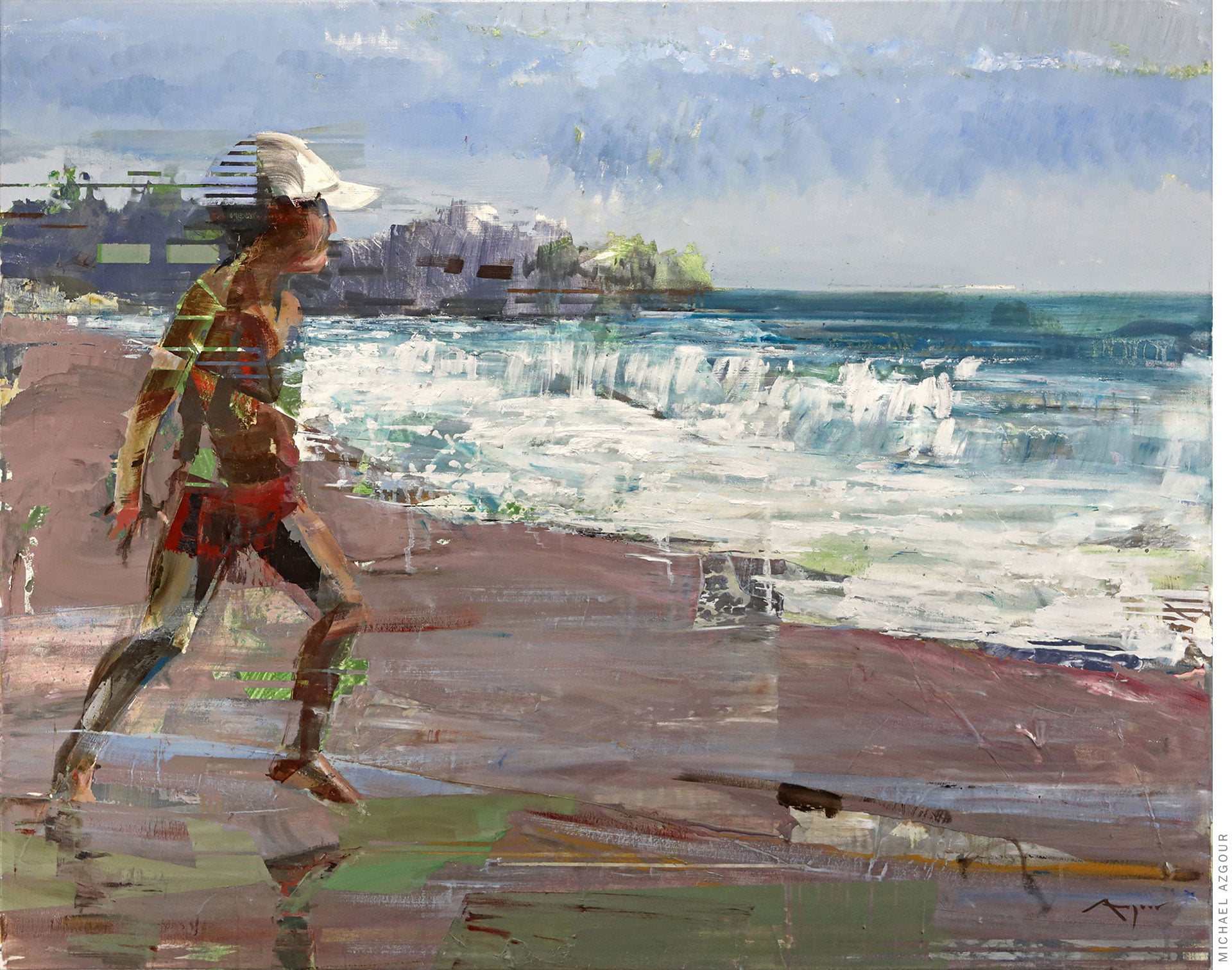 Painting of Adam on the shore overlooking the sea waves titled Adam on the Shore by artist, Michael Azgour (2023)