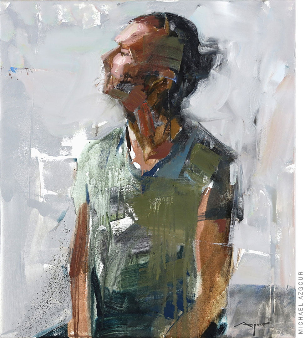 Expressive figurative painting titled Irek Green Shirt depicting a male figure posing while looking away. Original artwork by contemporary artist Michael Azgour.