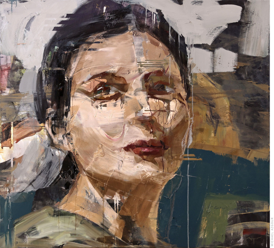 Contemporary figurative painting titled Genma depicting a female portrait posing and looking away. Contemporary painting by artist Michael Azgour