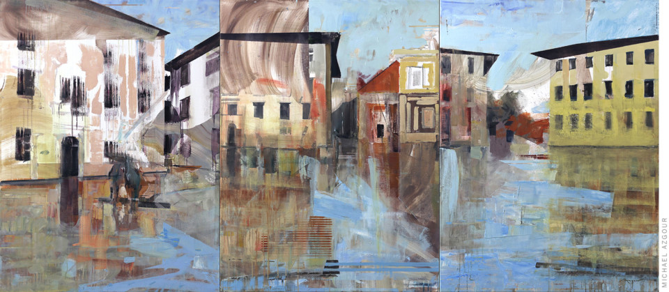 Expressive and abstraction in contemporary art, painting titled Pisa by Californian artist Michael Azgour