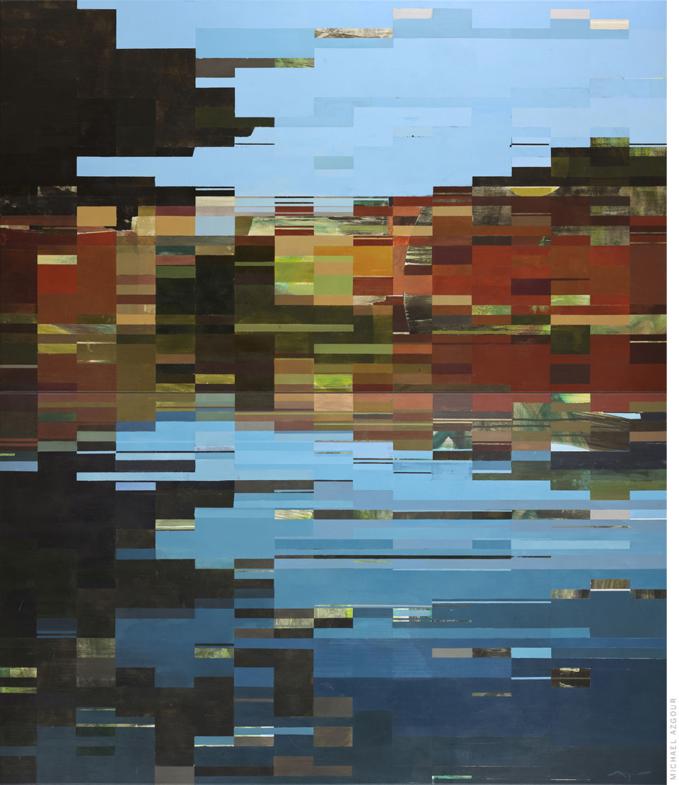 Geometric abstract painting by contemporary artist, Michael Azgour titled Boat House. Geometric composition featuring layered strips and textures and interesting color combinations.