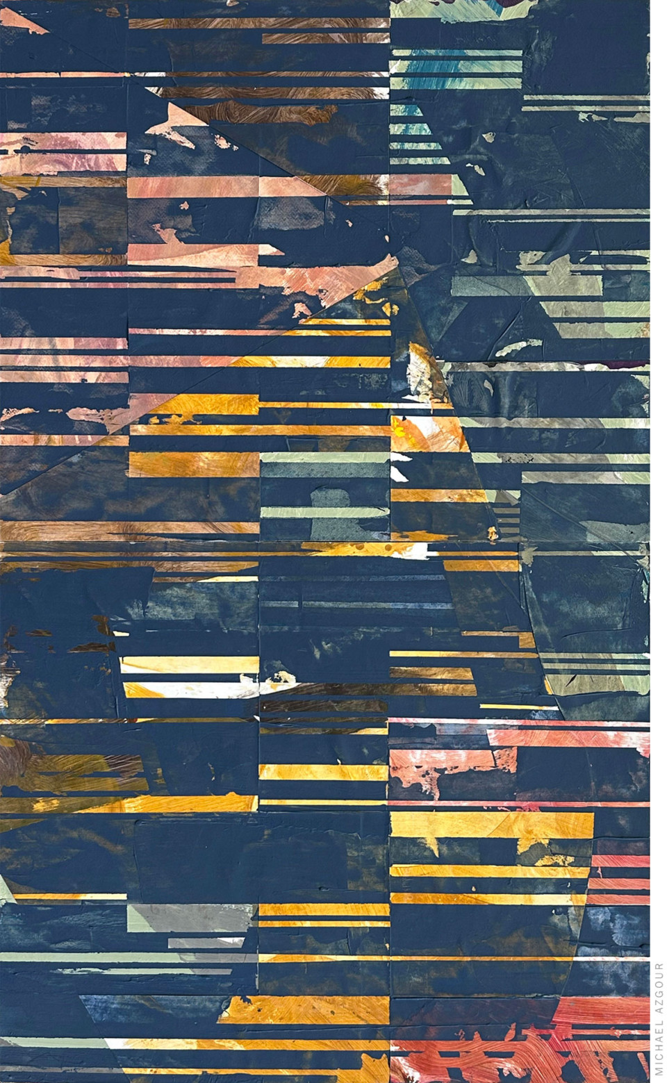 Abstract painting titled 'Once Was, Will Always Be' by contemporary artist Michael Azgour. A geometric composition featuring layered textures and rich color contrasts.