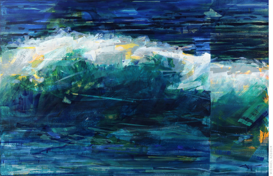 Painting by artist Michael Azgour, depicting a rough wave crashing on the ocean shore, a contrasting element to the calm horizon, titled Wave 10