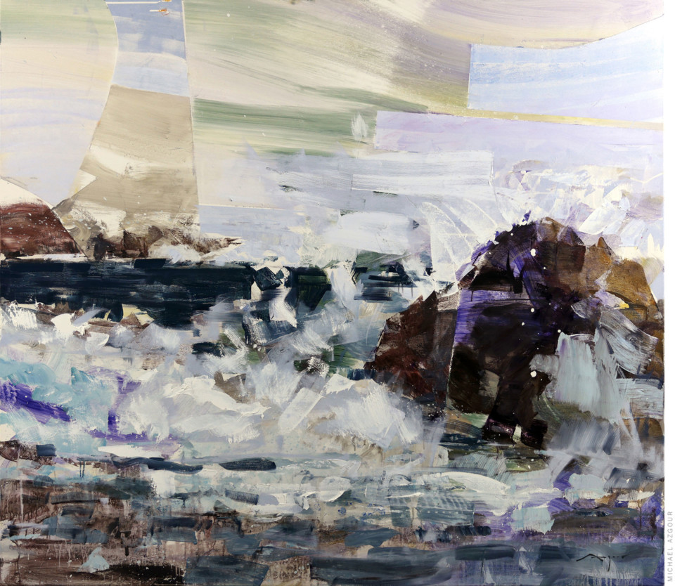 Expressive painting by artist Michael Azgour, depicting a rough wave crashing on the ocean shore, a contrasting element to the calm horizon, titled Wave 9